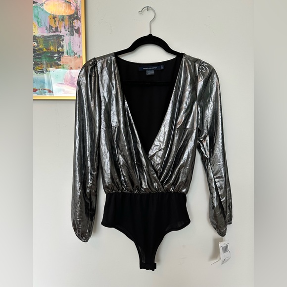 NEW French Connection Metallic Silver Deep V Neck Bodysuit - Picture 2 of 5